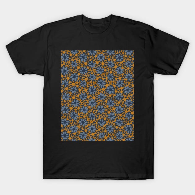 Batik Florals in Deep Mustard and Navy Blue Tones T-Shirt by FrancesPoff